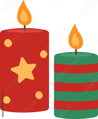 Christmas burning candles isolated on white background. A red candle with a star and a green stripped candle. New Year decoration. Vector flat illustration