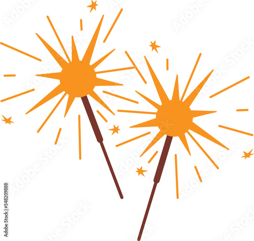 Burning sparklers isolated on white background. Bengal or indian light, firework for holiday, party, Christmas, New Year, Diwali. Vector flat illustration