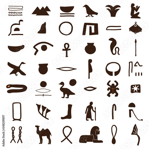 Ancient Egypt icons with ancient sculptures and hieroglyphs. Trendy abstract antique texture. Black and white flat vector illustration.