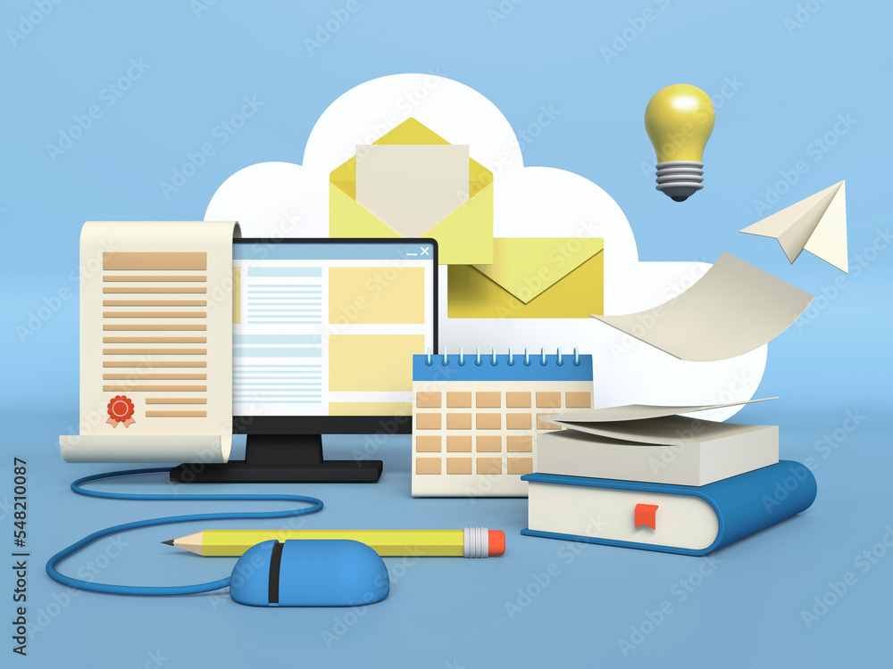 3d render infographic office. Computer with mouse, calendar, books, letters and pencil. Successful completion of business tasks. Office workflow. 3d render infographic office. Computer with mouse, calendar, books, letters and pencil. Successful completion of business tasks. Office workflow.