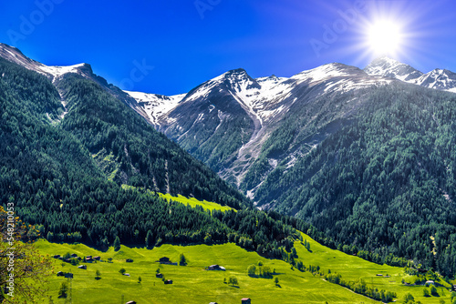 Fields with houses in Swiss Alps mountains, Moerel, Filet, Oestlich Raron, Switzerland