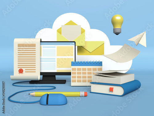 3d render infographic office. Computer with mouse, calendar, books, letters and pencil. Successful completion of business tasks. Office workflow.