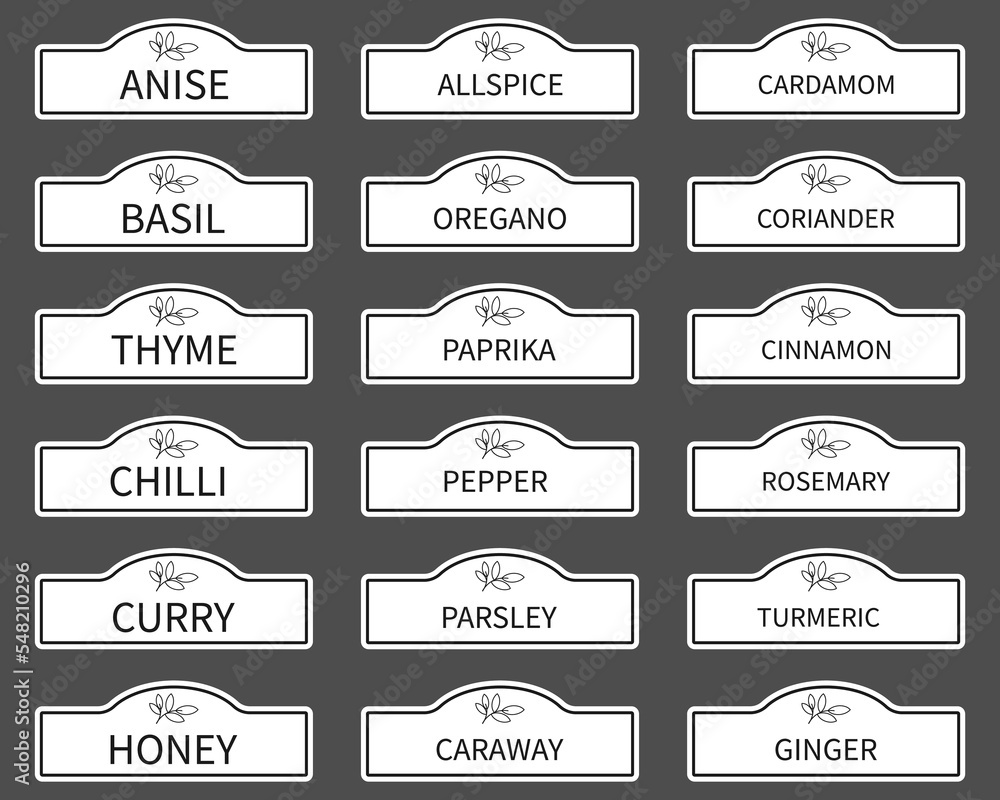 Cardboard stickers,stickers or labels for jars of spices and herbs.Set of 18 vector stickers