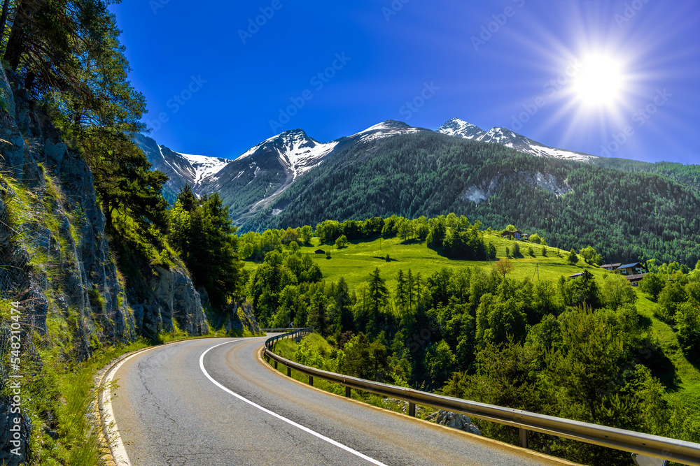 Asphalt road in Alps mountains, Moerel, Filet, Oestlich Raron, Wallis Valais Switzerland