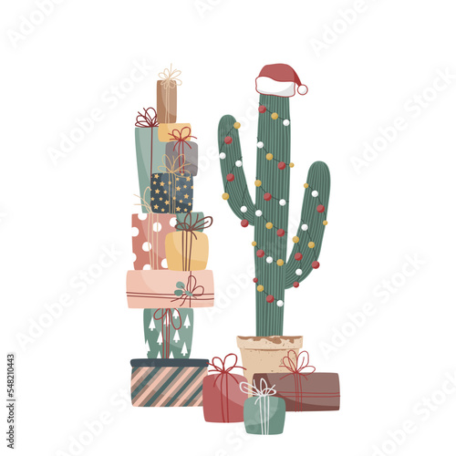 Xmas gift boxes and big potted cactus decorated with garland and Santa hat. Vector illustration isolated on white. Flat cartoon clipart for cards, posters, prints