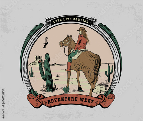 cowgirl riding horse vector with western desert landscape