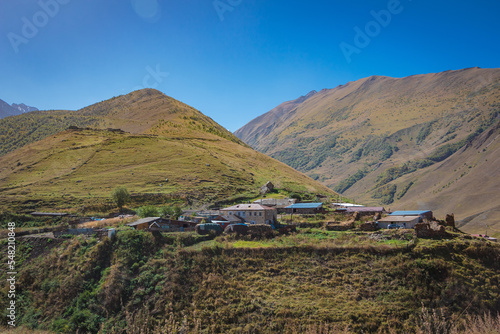 Panorama of the mountains and settlements of North Ossetia. North Caucasus.