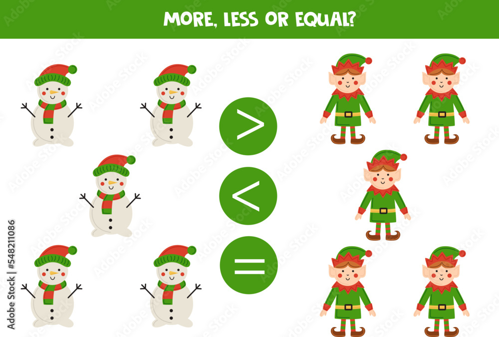 More, less or equal with cartoon snowman and elf. More, less or equal with cartoon snowman and elf.