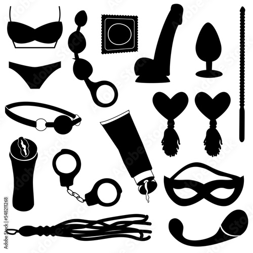 Adult shop and sex toys flat vector icons set