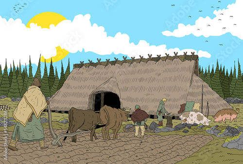iron age farm house with people plowing a field and holding life stock like pigs and oxen in germania, europe.