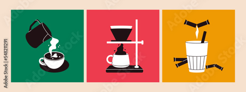 Coffee cups and equipment. Cartoon cute hot beverages with milk sugar, coffee shop menu templates. Vector isolated set