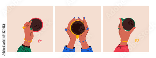 Hands with coffee cup. Woman holding mug with tea cacao latte beverage, hot drink top view. Vector cartoon isolated set