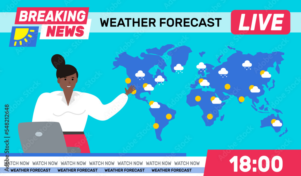african american woman reporter world weather forecast television online vector illustration - obrazy, fototapety, plakaty 