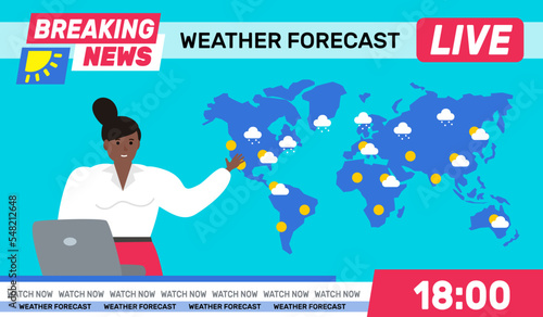 african american woman reporter world weather forecast television online vector illustration photo