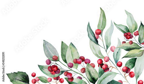 Christmas watercolor twig with green leaves and red berries border. Holidays design Illustration