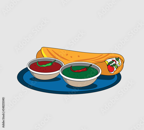 Indian dosa vector illustration sambar chutney