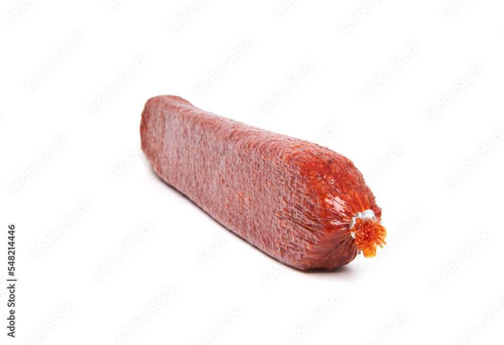 Salami sausage stick with pork and wild boar isolated on white background Salami sausage stick with pork and wild boar isolated on white background