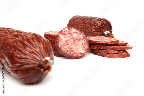 Salami sausage with pork and wild boar isolated on white background