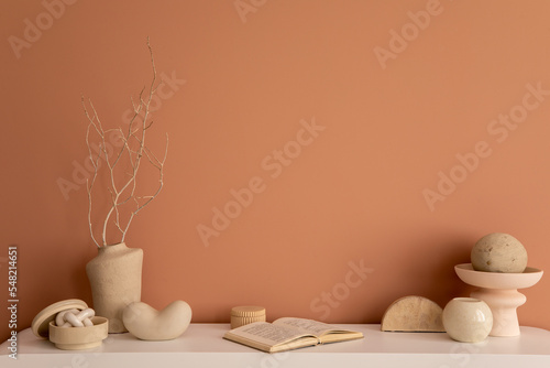 Minimalist composition of living room interior with copy space, white commode, book, vase with dried flowers, modern sculpture, casket, bowl, pink wall and personal accessories. Home decor. Template.