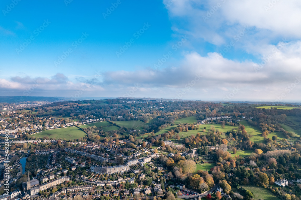 The amazing aerial view of Bath, North East Somerset unitary area in the county of Somerset, UK, England