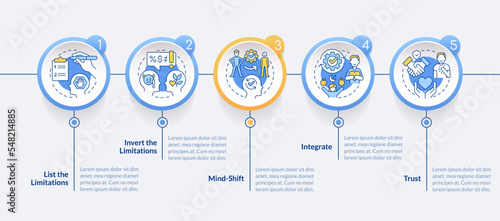 Overcoming hidden limitations tips circle infographic template. Data visualization with 5 steps. Editable timeline info chart. Workflow layout with line icons. Lato-Bold, Regular fonts used