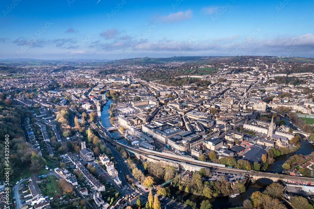 The amazing aerial view of Bath, North East Somerset unitary area in the county of Somerset, UK, England