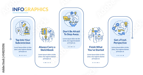 Removing creative block tips rectangle infographic template. Data visualization with 5 steps. Editable timeline info chart. Workflow layout with line icons. Lato-Bold, Regular fonts used