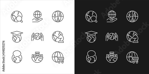 Global relationships pixel perfect linear icons set for dark, light mode. International connections. World development. Thin line symbols for night, day theme. Isolated illustrations. Editable stroke