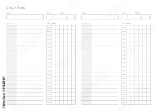 This is a simple, minimal style study plan design template. Note, scheduler, diary, calendar, planner document template illustration.