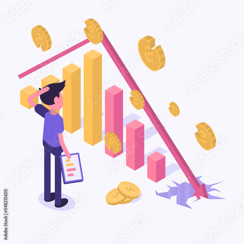 Crisis. A man looks in despair at the chart, which falls down and pierces the floor