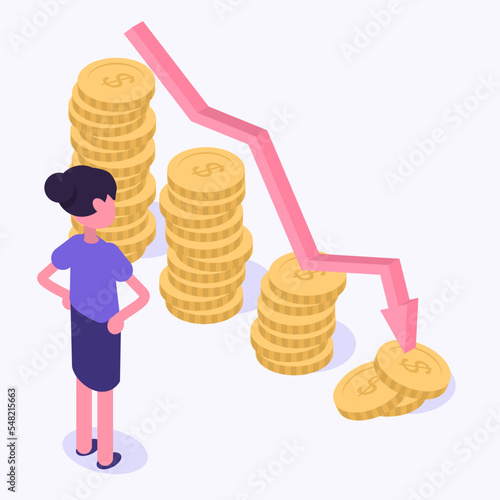 Crisis. The woman looks in despair at the chart, which is falling down. Financial losses