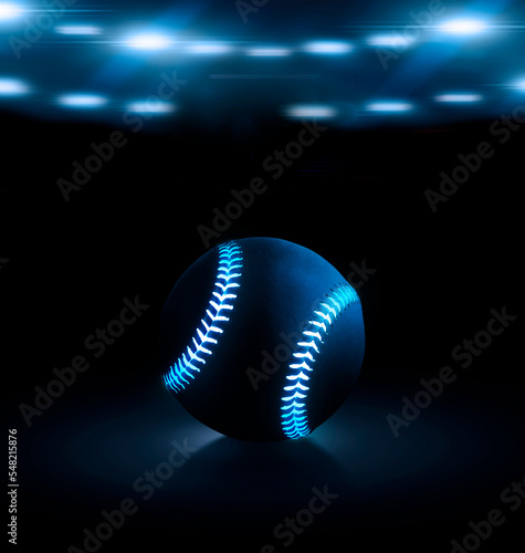 3D rendering of single black baseball ball with bright blue glowing neon lines on a black background under stadium lights