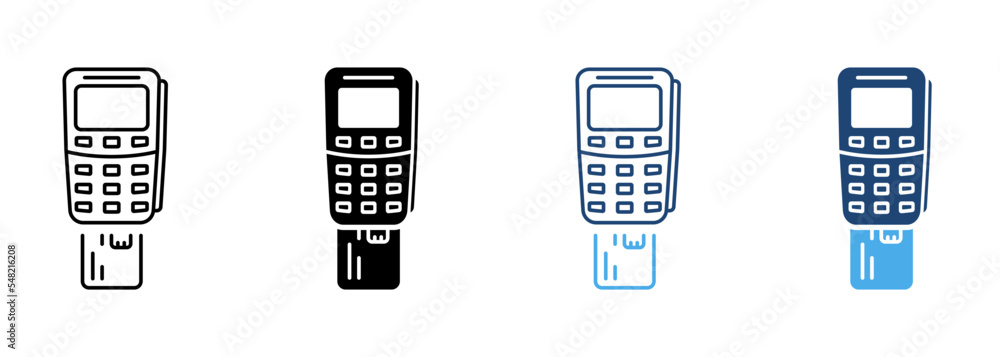 Payment Terminal with Inserted Credit Card Line and Silhouette Icon Set. Bank Service Financial Transaction Pictogram. Inserting Card in POS Symbol on White Background. Isolated Vector Illustration - obrazy, fototapety, plakaty 