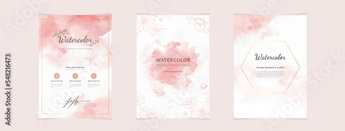 Pink watercolor cover vector template on white paper texture backgrounds for wedding, invitation cards and more