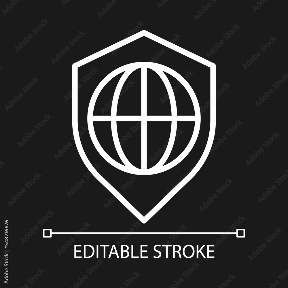 Global security pixel perfect white linear icon for dark theme. Worldwide cybersecurity. World protection. Thin line illustration. Isolated symbol for night mode. Editable stroke. Arial font used Global security pixel perfect white linear icon for dark theme. Worldwide cybersecurity. World protection. Thin line illustration. Isolated symbol for night mode. Editable stroke. Arial font used