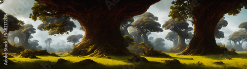 Artistic concept illustration of a panoramic forest landscape, background illustration.