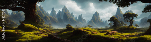 Artistic concept illustration of a panoramic forest landscape, background illustration.