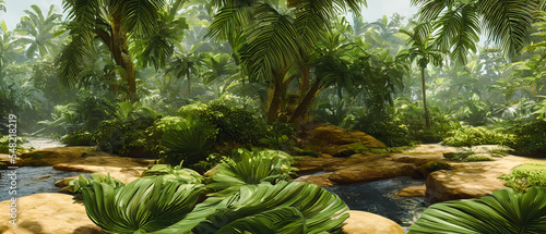 Artistic concept illustration of a panoramic tropical jungle  background illustration.