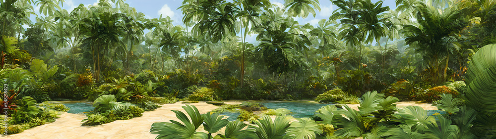 Artistic concept illustration of a panoramic tropical jungle ...