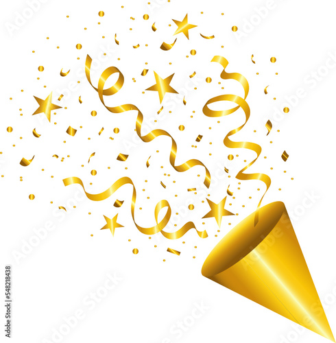 Firecracker with golden confetti. Vector illustration