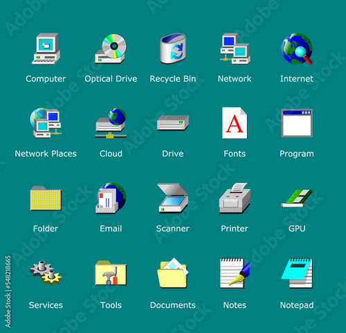 Old computer icons pack. Desktop 98 icon set. Redesigned older looking folder shortcuts. Vector signs. photo