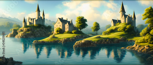 Artistic concept painting of a beautiful wilderness landscape, with a picturesque castle in the background. Tender and dreamy design, background illustration.