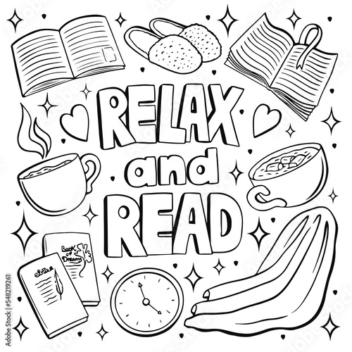 Relax and read a book black and white line art for a book lovers, designed for t-shirt print, coloring page, stickers