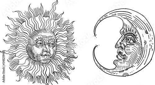 Vintage sun and moon. Hand drawn engraving medieval vintage style ink pen illustration. Antique astrological symbols. Tattoo design. Esoteric, occult, witchcraft, alchemy, boho, astrology, zodiac.
