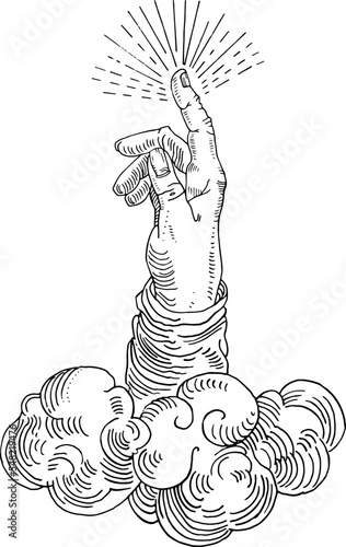 Hand of God, a symbol that indicates the intervention of divine power. Hand drawn engraving medieval vintage style ink pen illustration. Tattoo design. Esoteric, occult, alchemy, boho, astrology.
