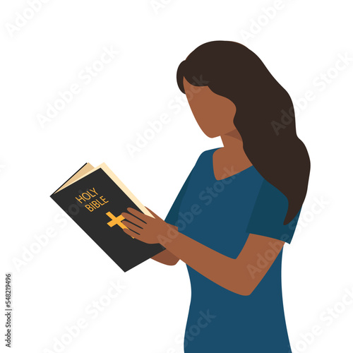 An African American woman is reading a holy bible. Latin girl reading a book. Vector illustration.