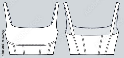 Sports Bra technical fashion Illustration. Women's cropped Tank Top fashion flat technical drawing template, straps, slim fit, front, back view, white, CAD mockup.