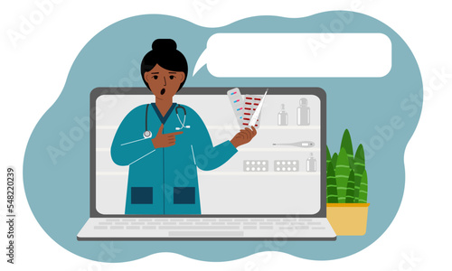 Online consultation or feedback concept. Laptop with a picture of a female pharmacist with medicines in his hand.