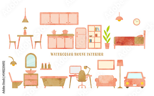 set of vector watercolor furniture illustration (pink, beige)