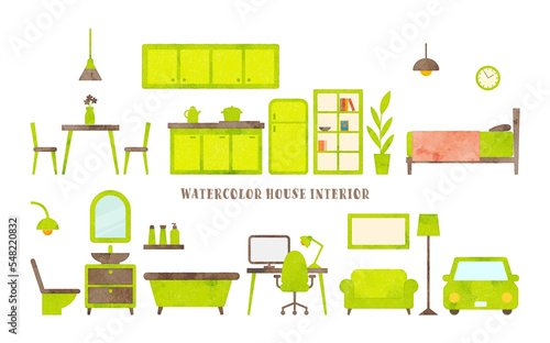 set of vector watercolor furniture illustration (green, brown)